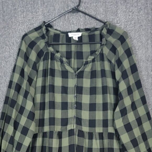 BeachLunchLounge Dress Womens XL Green Black Buffalo Check Flannel Long Sleeve - Picture 2 of 12